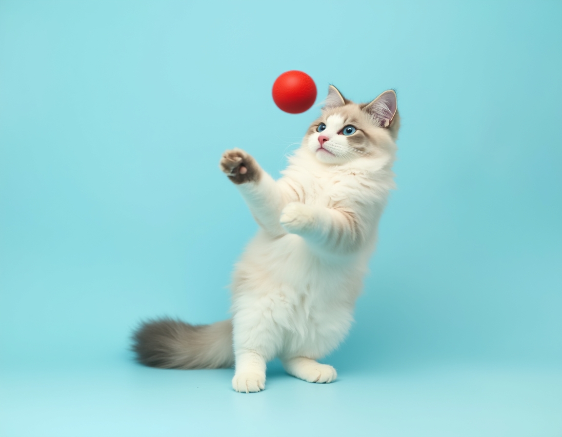 Playful studio photo of cat interacting with a bright red ball. The cat is mid-action with its paw raised, and the pastel blue background and balanced lighting create a cheerful, vibrant atmosphere that highlights the cat’s agility and energy.